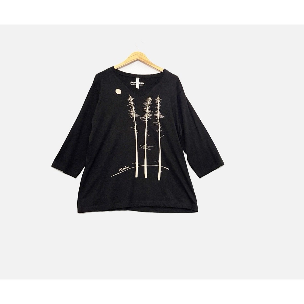 Marushka Twiggy T Shirt Womens XL Black Fir Tree Alaska 3/4 Slv Hand Printed